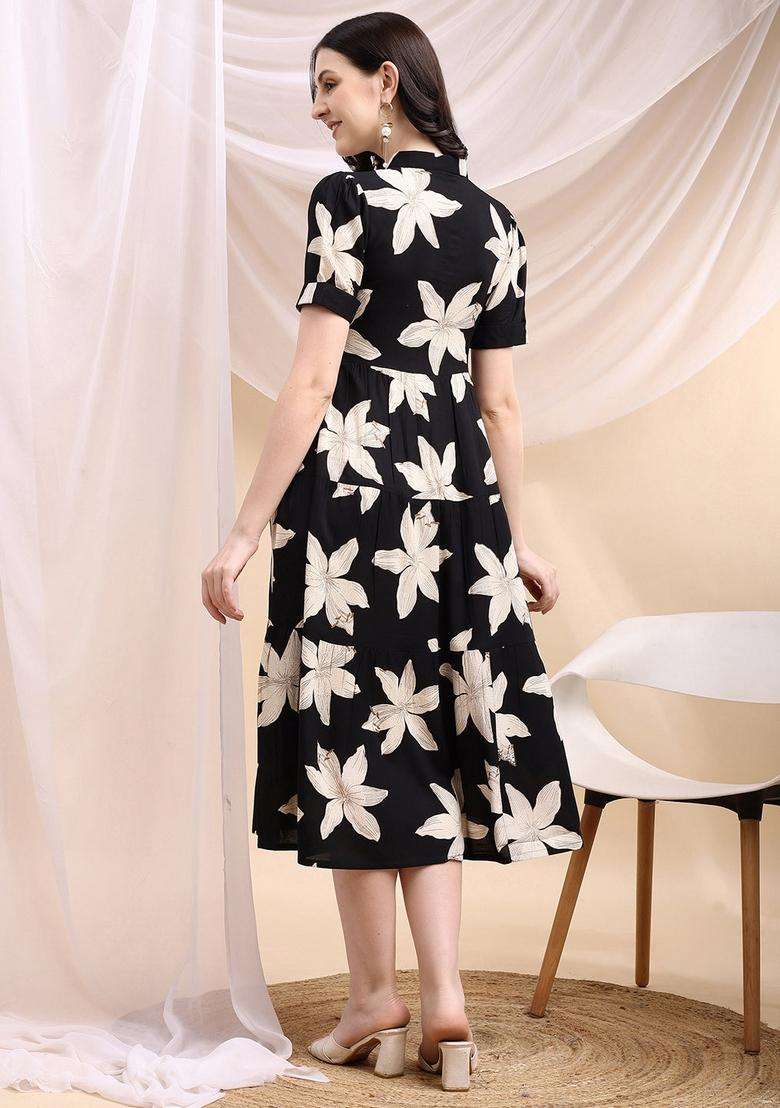Black Floral Print Rayon Kurta - Indya