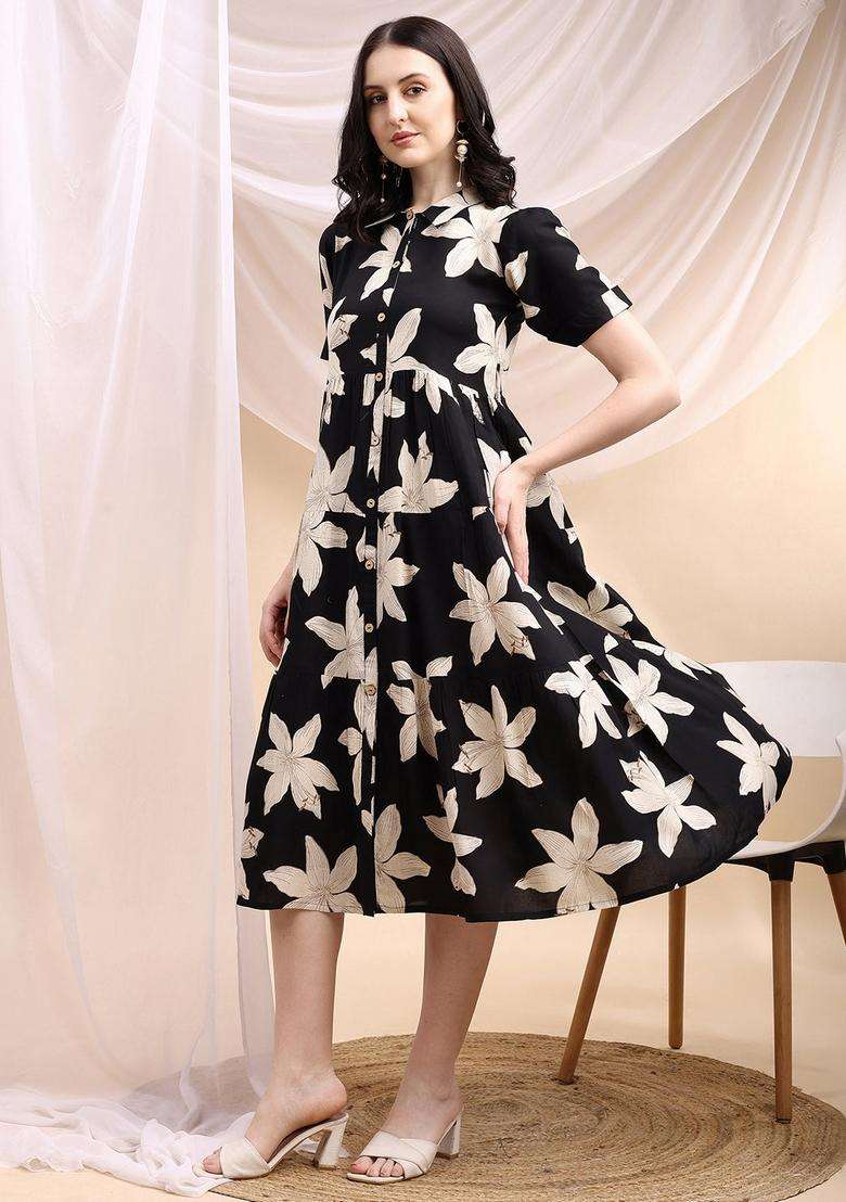 Black Floral Print Rayon Kurta - Indya