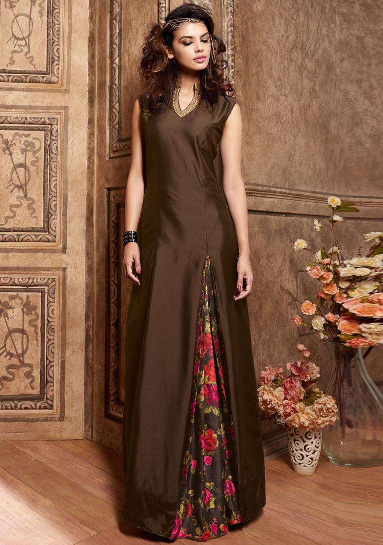 Brown Digital Print Silk Kurta Set - Indya