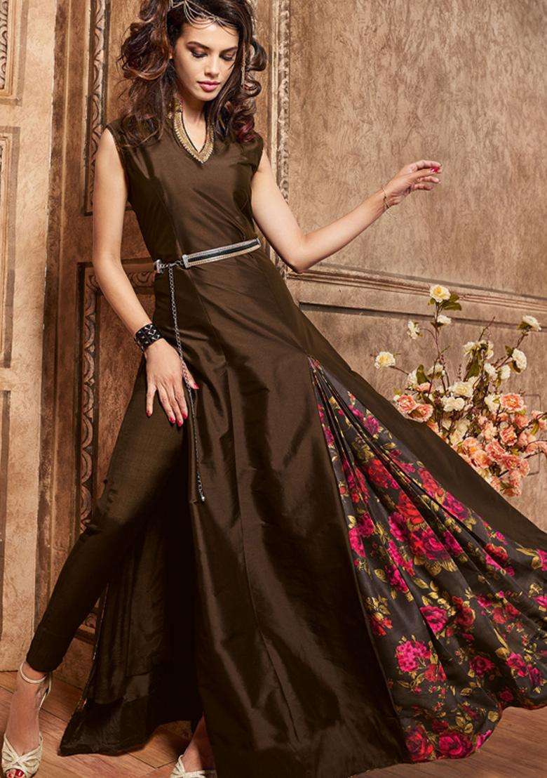 Brown Digital Print Silk Kurta Set - Indya