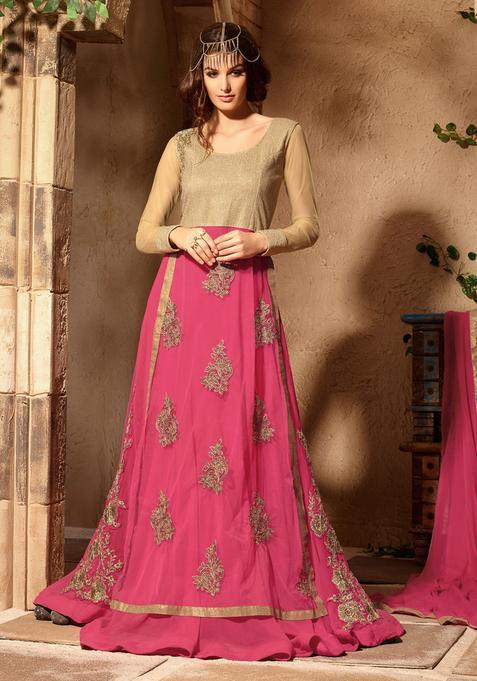 Pink Zari Work Net Kurta Set