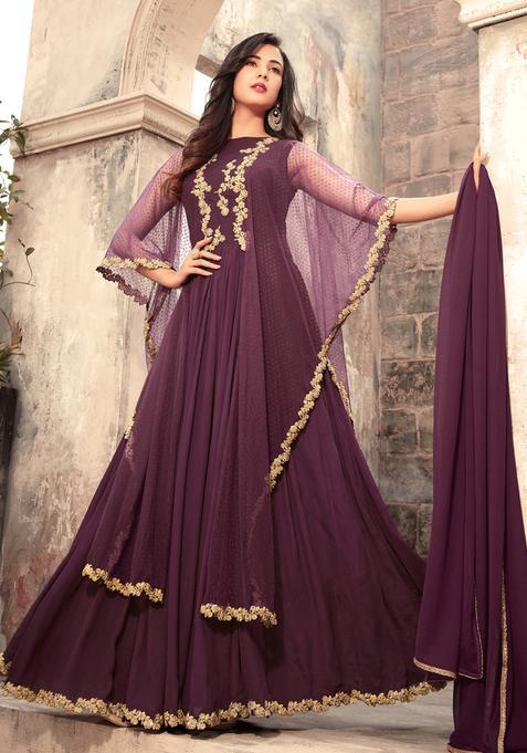 Wine Sequins Embroidery Work Net Kurta Set