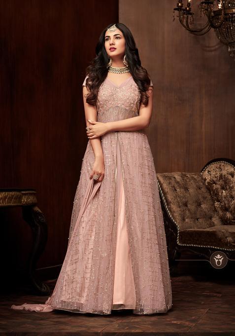 Pink Sequins Embroidery Work Net Kurta Set