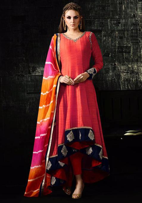 Peach Embroidery Silk Kurta Set