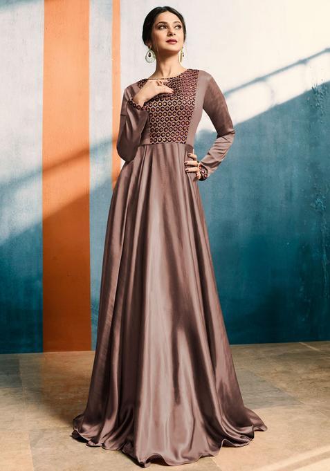 Brown Sequins Embroidery Work Silk Gown