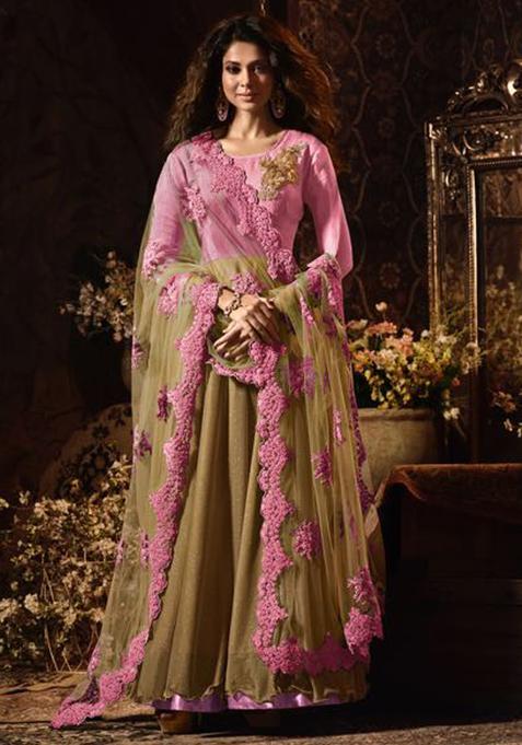 Pink Patch Work Silk Kurta Set