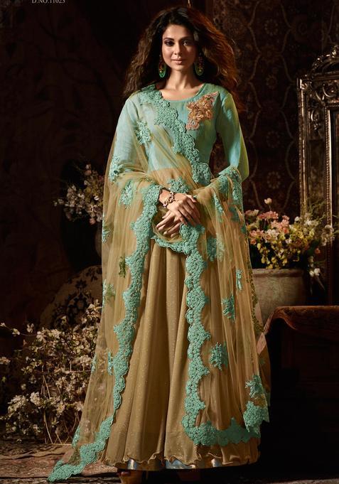 Turquoise Patch Work Silk Kurta Set