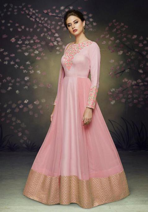Pink Embroidery Silk Kurta With Dupatta