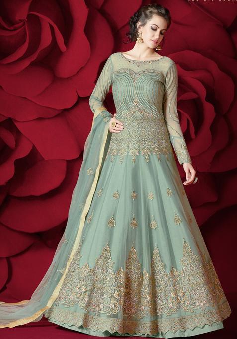 Green Embroidery Net Kurta Set