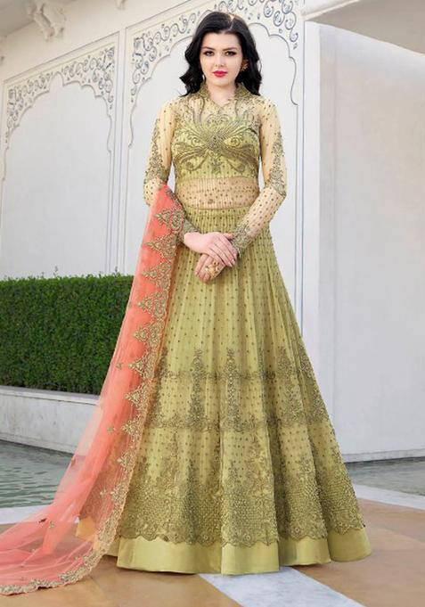 Green Embroidery Net Kurta Set