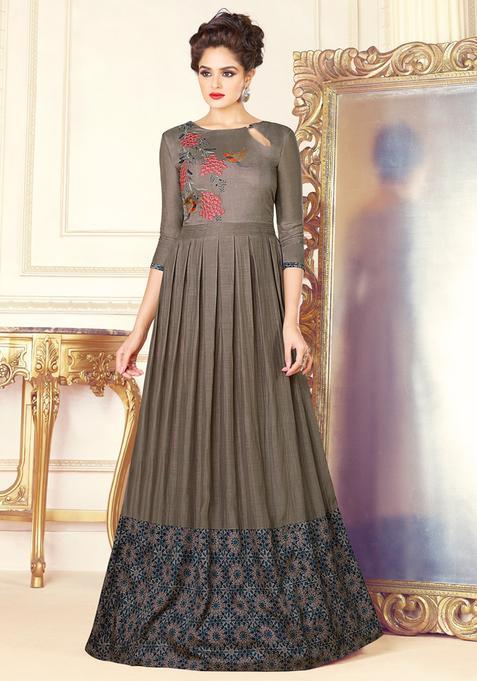 Grey Zari Work Silk Gown