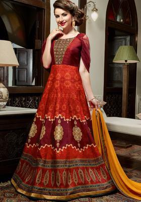 maroon Digital Print Silk Kurta Set