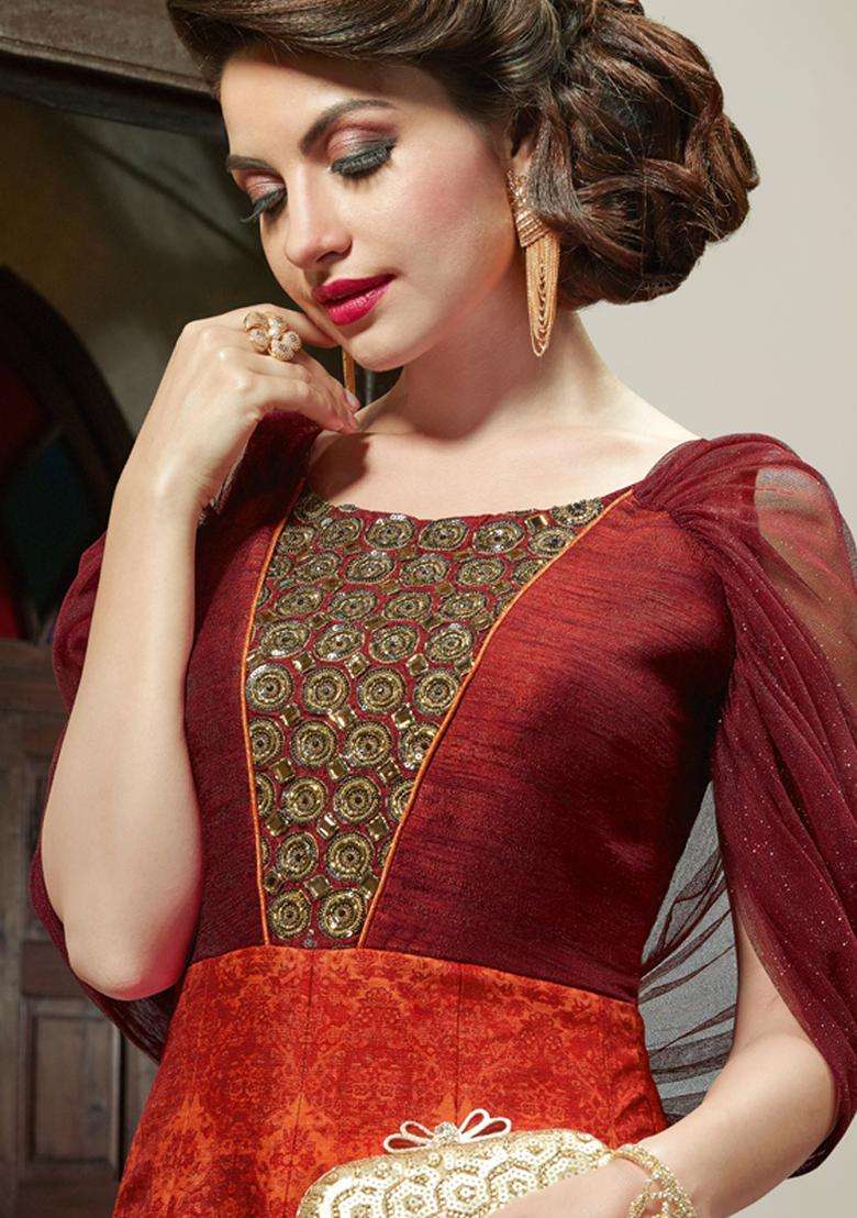 maroon Digital Print Silk Kurta Set - Indya