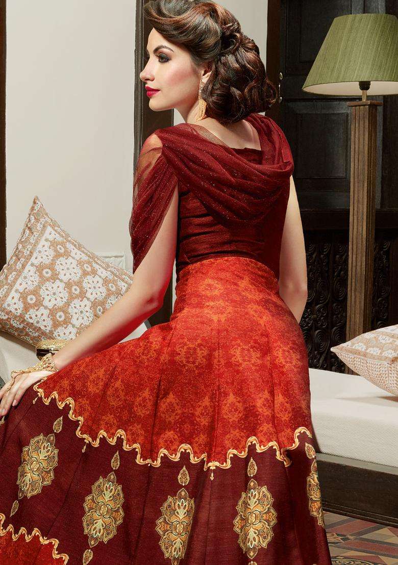maroon Digital Print Silk Kurta Set - Indya
