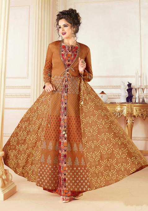 Mustard Digital Print Silk Gown