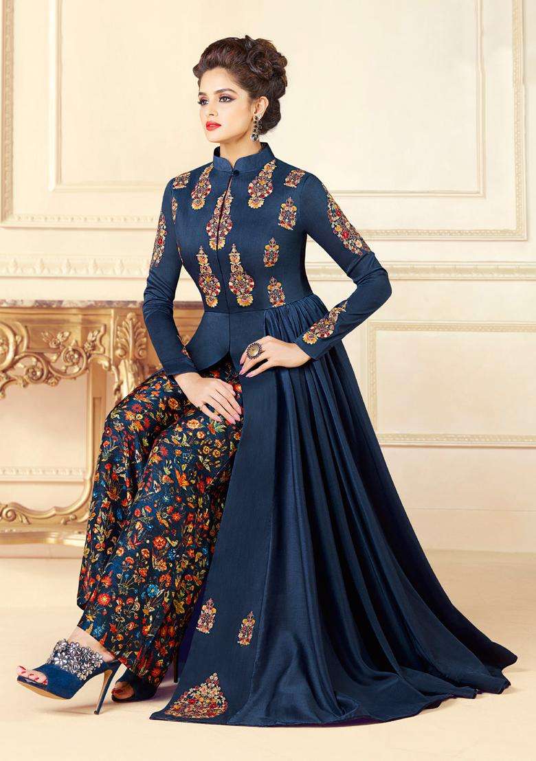 Blue Digital Print Silk Kurta Set - Indya