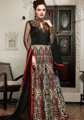 Black Digital Print Silk Kurta Set