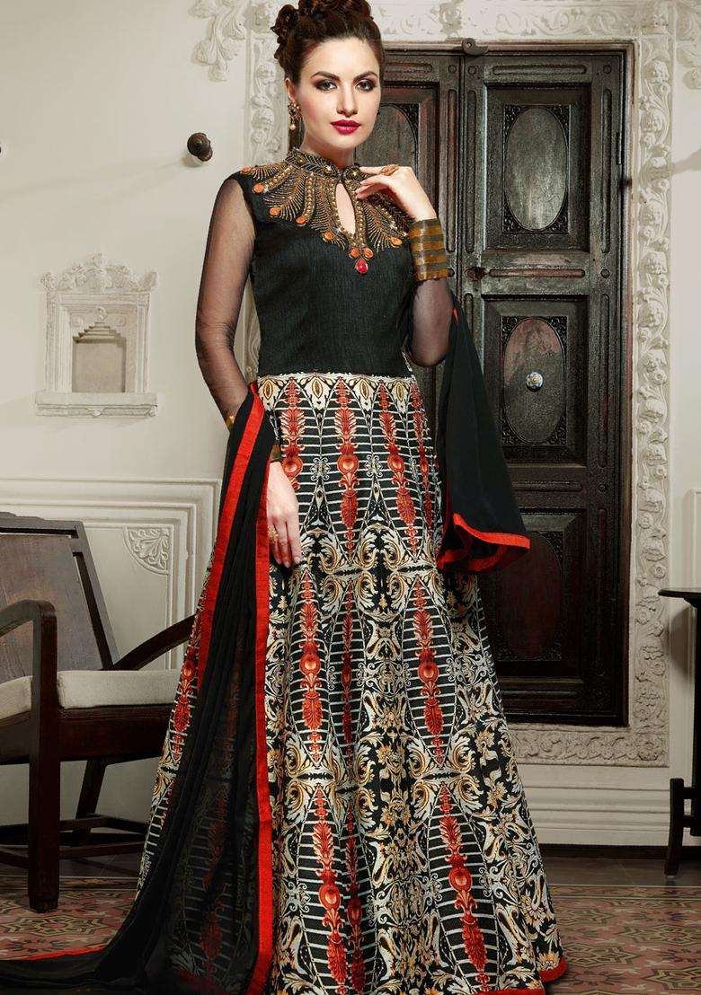 Black Digital Print Silk Kurta Set - Indya