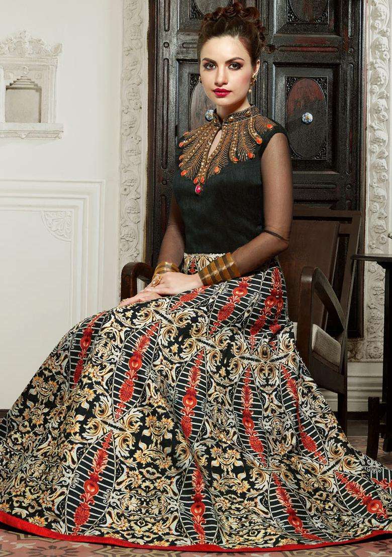 Black Digital Print Silk Kurta Set - Indya