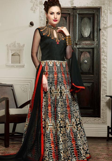 Black Digital Print Silk Kurta Set