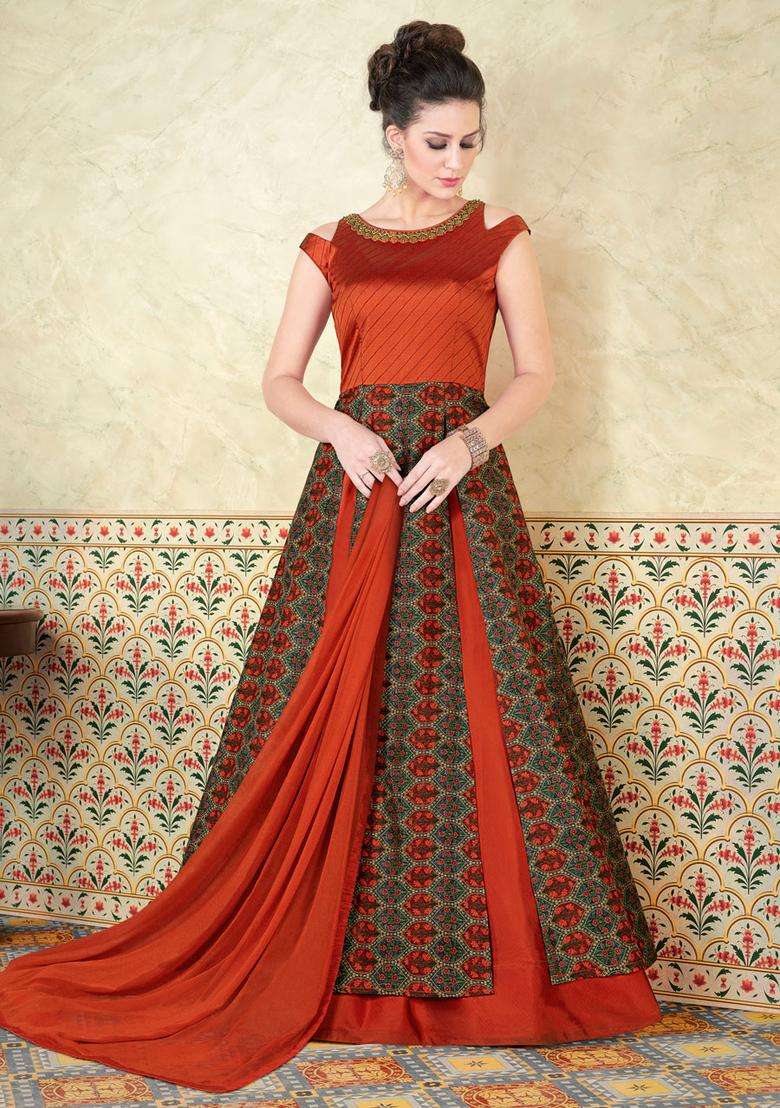 Orange Digital Print Silk Kurta Set - Indya