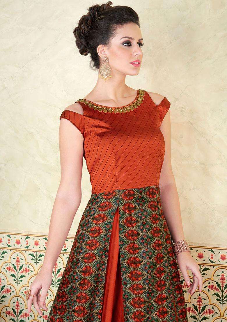 Orange Digital Print Silk Kurta Set - Indya