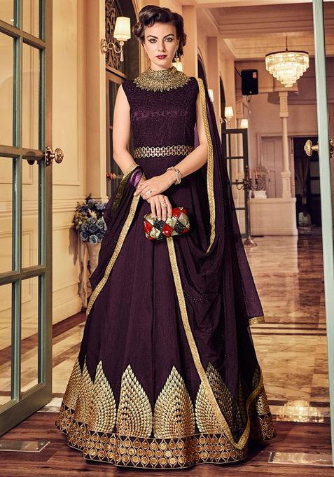 Wine Sequins Embroidery Work Silk Kurta Set
