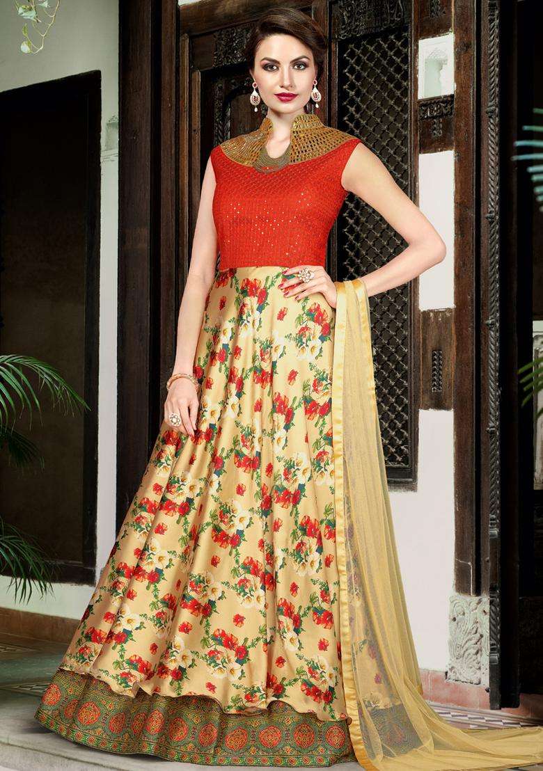 Beige Digital Print Silk Kurta Set - Indya
