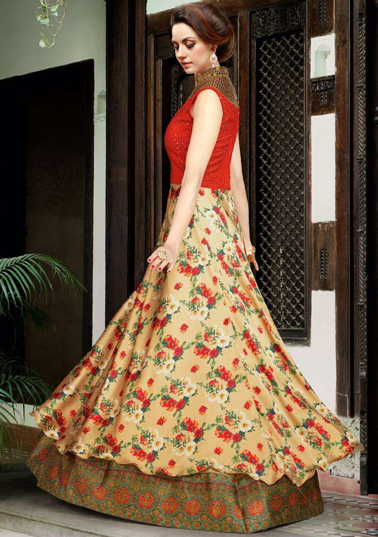 Beige Digital Print Silk Kurta Set - Indya