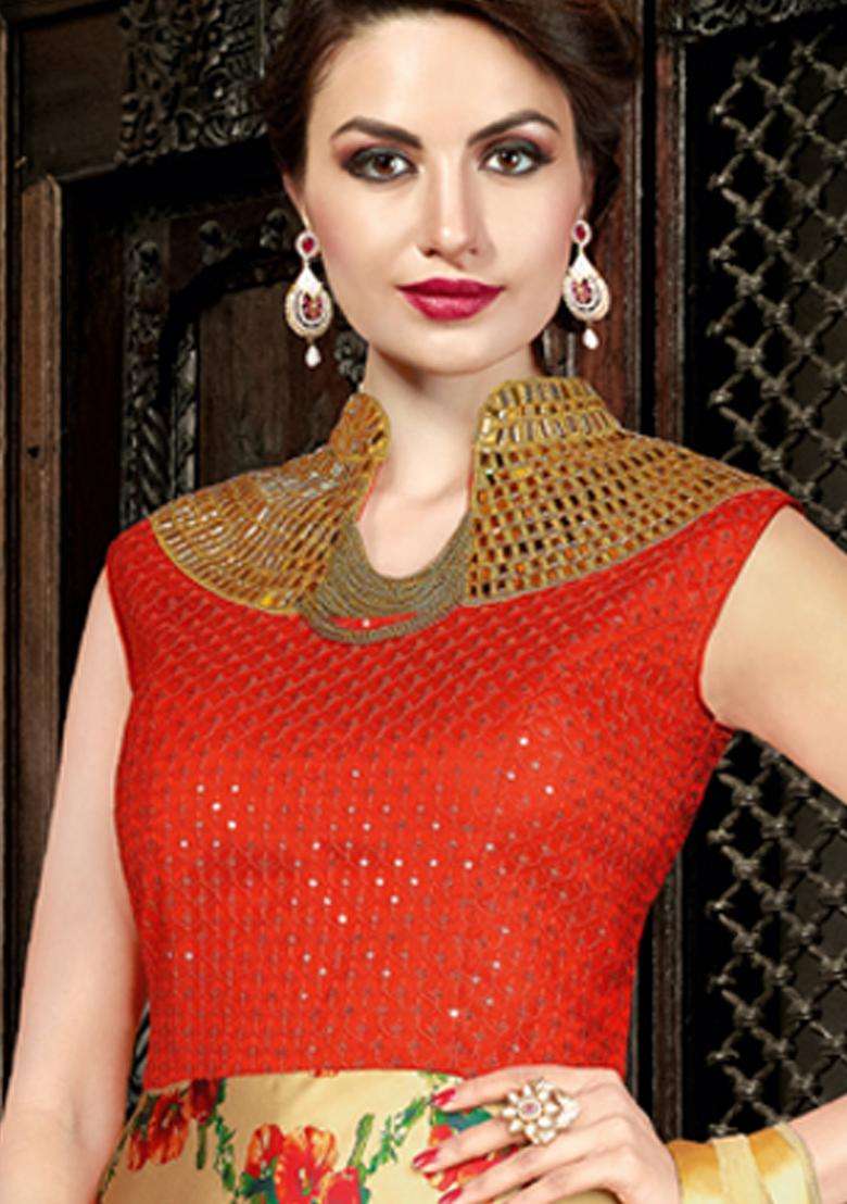 Beige Digital Print Silk Kurta Set - Indya