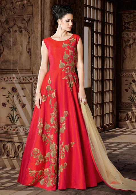 Red Sequins Embroidery Work Silk Kurta Set