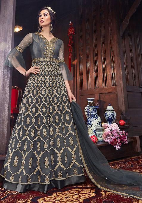 Grey Sequins Embroidery Work Net Kurta Set