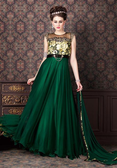 Green Zari Work Net Kurta Set