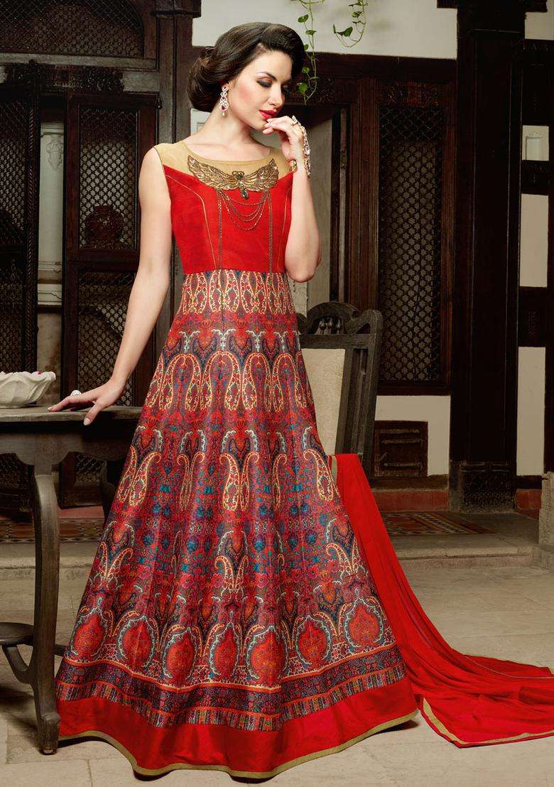 Red Digital Print Silk Kurta Set - Indya