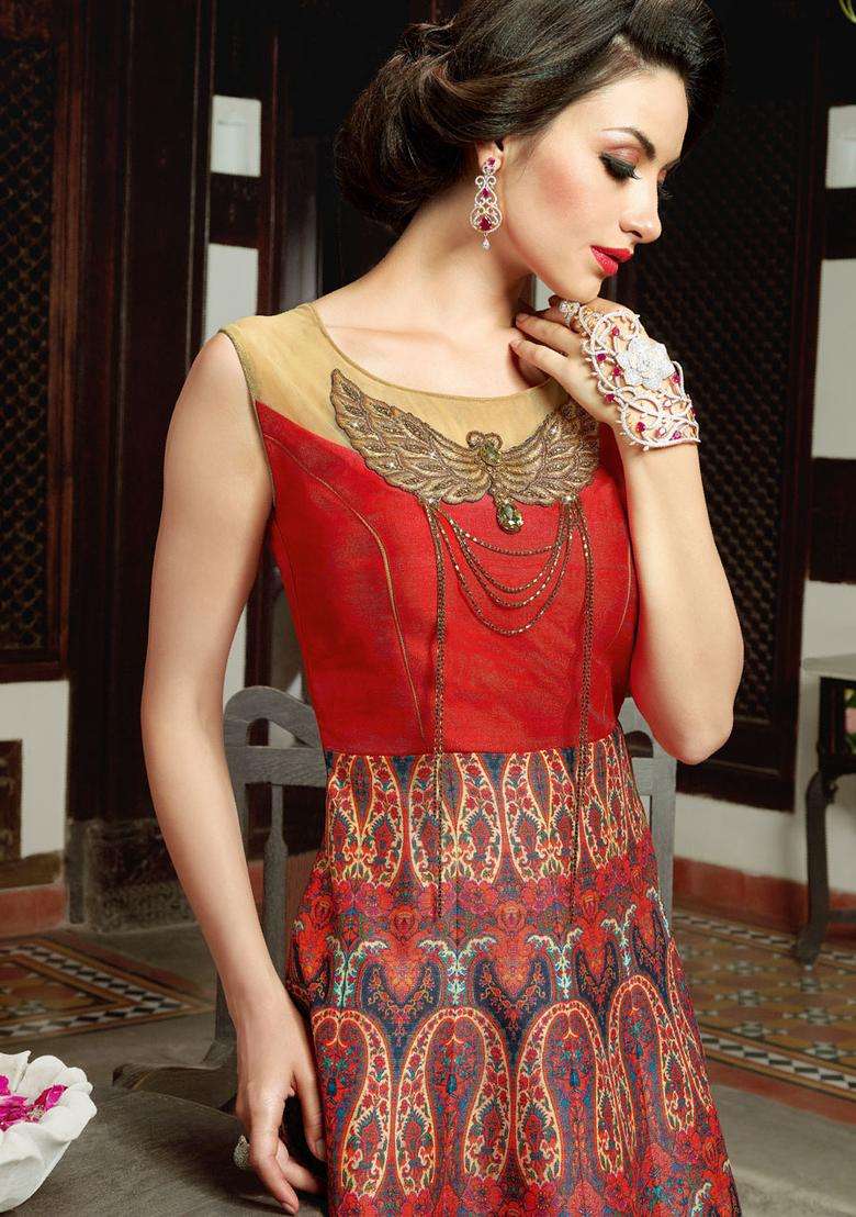 Red Digital Print Silk Kurta Set - Indya