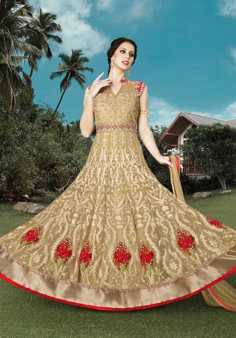 Beige Zari Work Net Kurta Set
