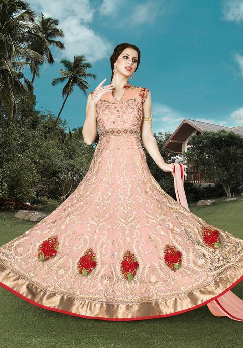 Peach Zari Work Net Kurta Set
