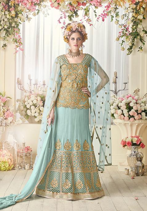 Blue Embroidery Net Kurta Set