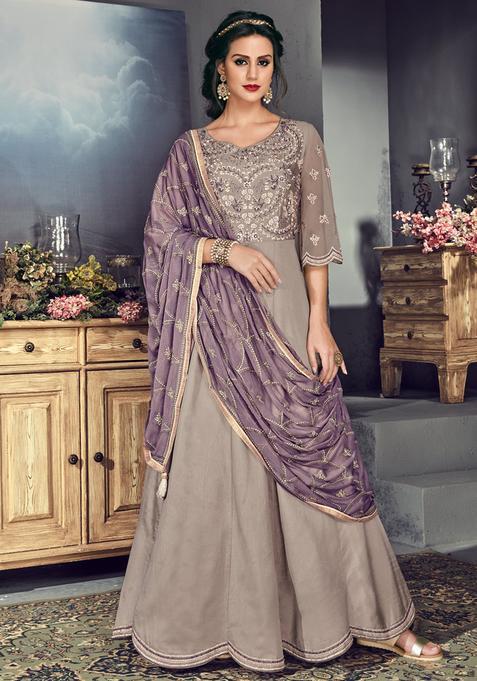 Grey Embroidery Silk Kurta Set