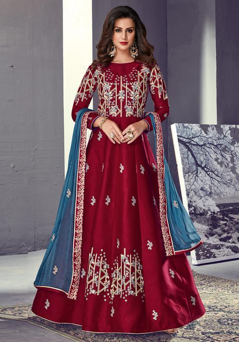 maroon Embroidery Silk Kurta Set