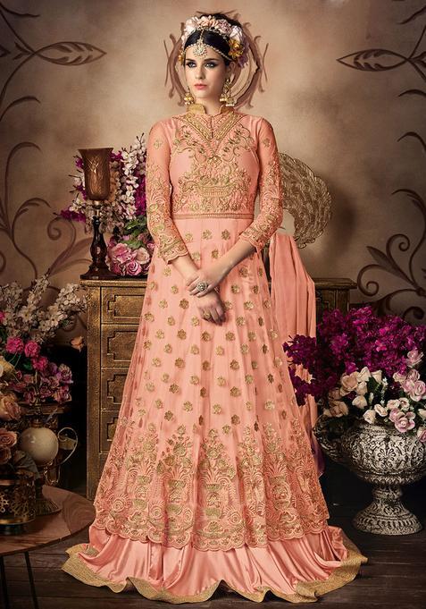 Peach Embroidery Net Kurta Set