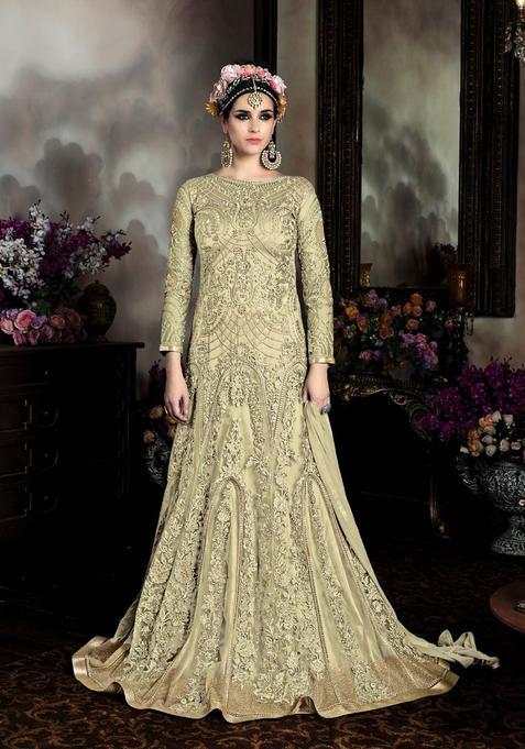 Beige Embroidery Satin Kurta Set