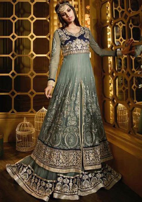 Grey Embroidery Net Kurta Set