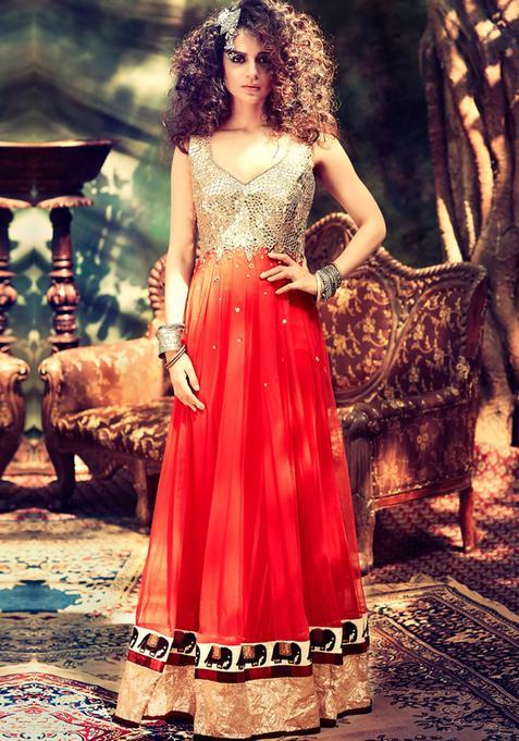 Red Mirror Work Net Kurta Set