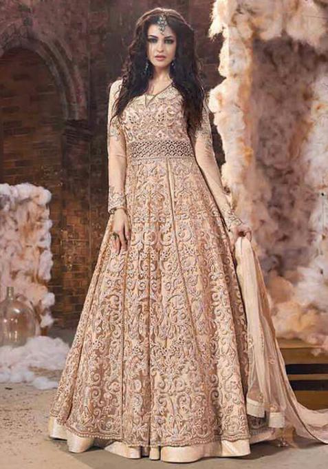 Peach Embroidery Satin Kurta Set