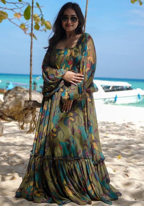 Green Digital Print Chinnon Kurta