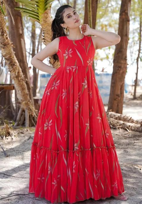 Red Digital Print Rayon Kurta