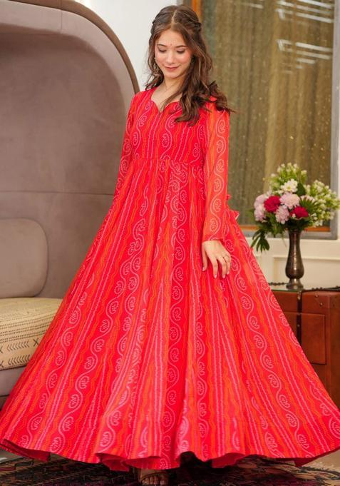 Red Digital Print Georgette Kurta