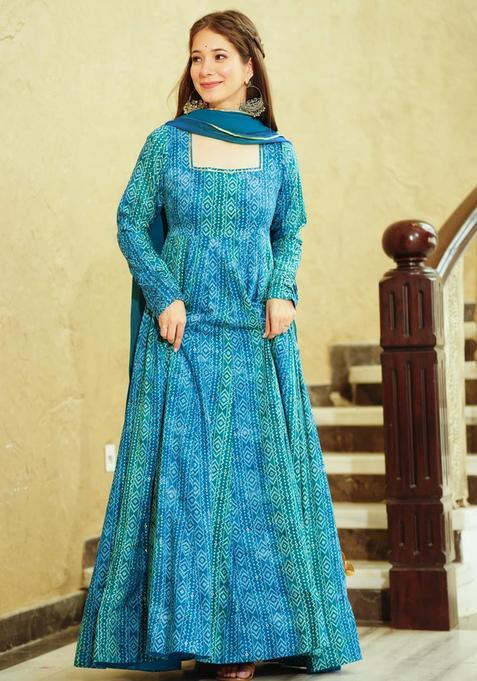 Sky Blue Digital Print Georgette Kurta With Dupatta