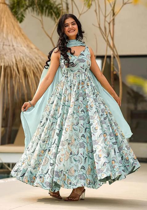 Sky Blue Digital Print Rayon Kurta With Dupatta